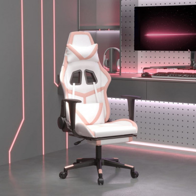 vidaXL Scaun de gaming cu suport picioare, alb/roz, piele ecologică foto