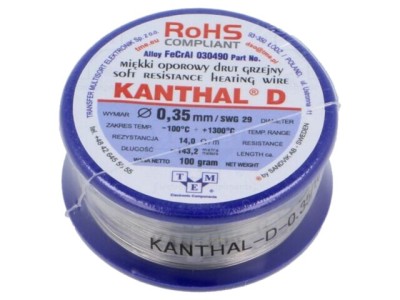 Fir rezistență FeCrAl KANTHAL 14&amp;Omega;/m 0,35mm 143,2m 0-1300&amp;deg;C foto