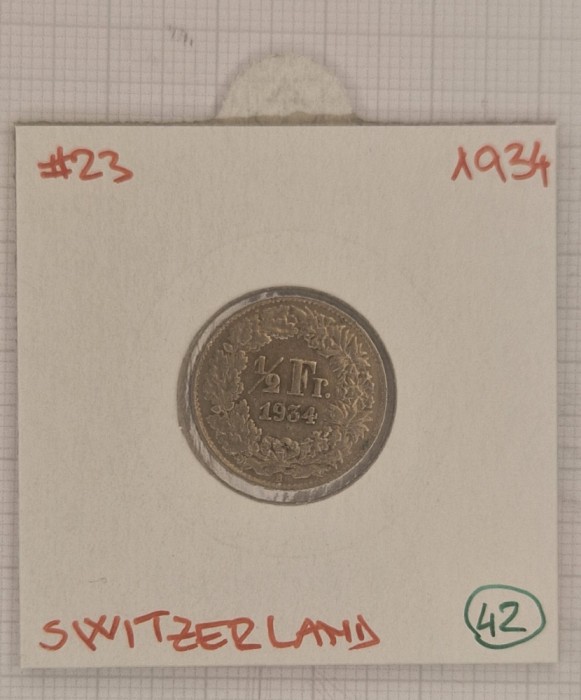Switzerland, Elvetia, 1/2 Franc 1934, KM#23, Argint