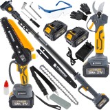 Setul scule multifunctional pentru gradinarit 3 &icirc;n 1, minifierastrau cu lant pe acumulator, foarfeca electrica pentru crengi, brat telescopic reglabil
