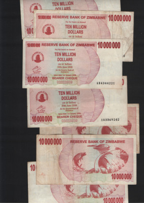 Zimbabwe 10000000 10 000 000 dollari dollars 2008 F-VF-XF pret pe bucata foto