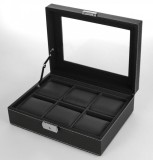 Cutie piele sintetica neagra cu granulatie fina pentru 6 ceasuri de mana - Exclusive Negru