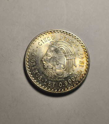 Mexic 5 Pesos 1947 UNC Piesa Superba de Colectie foto