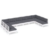 Set mobilier de gradina cu perne, 10 piese, alb lemn masiv pin