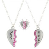 Colier Copii Best Friends Inimi Argintiu cu Strass Roz, Set 2 Bucăți, 25cm, Aliaj Metalic