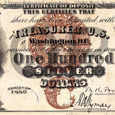 100 dolari 1880 Reproducere Bancnota USD , Dimensiune reala 1:1