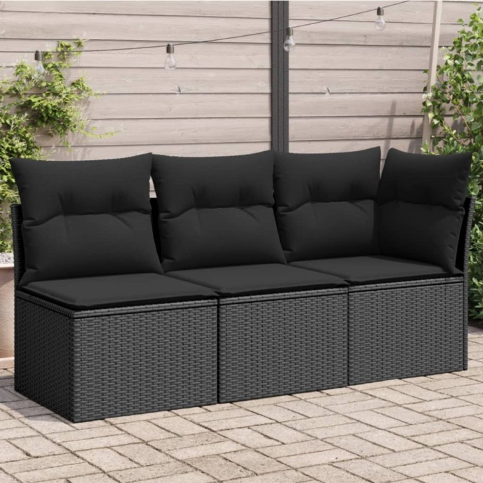 Gossi canapea de gradina cu perne, 3 locuri, negru, poliratan
