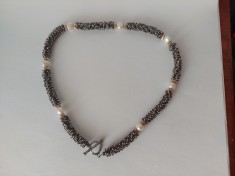 Colier din Argint cu Zale in Forma de Stea si 5 Perle Sintetice