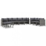 Set mobilier de gradina cu perne, 10 piese, gri, poliratan