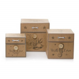 Set 3 cutii pătrate imitație lemn - model with love