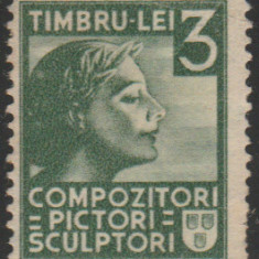 1940 Romania - Timbru fiscal 3 Lei verde pentru Compozitori, pictori, sculptori