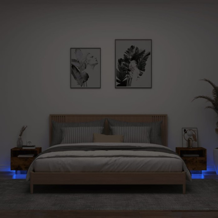 Gossi noptiere cu lumini led, 2 buc., stejar fumuriu, 40x39x37 cm