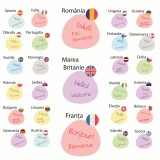 Sticker decorativ scoala, Salut in limbi diferite - 125x125 cm