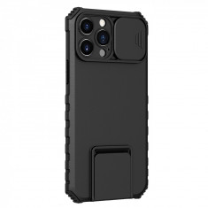 Husa Defender cu Stand pentru Samsung Galaxy S21 FE, Negru, Suport reglabil, Antisoc, Protectie glisanta pentru camera, Flippy