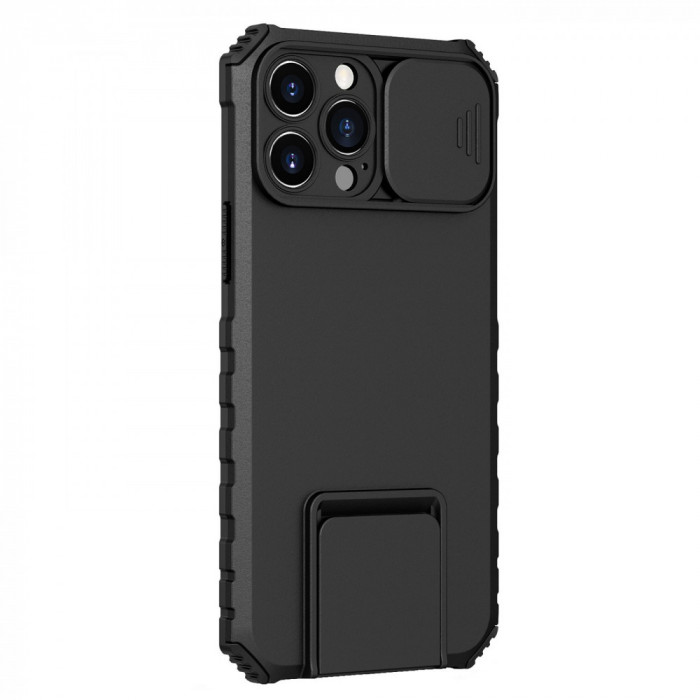 Husa Defender cu Stand pentru Samsung Galaxy S22, Negru, Suport reglabil, Antisoc, Protectie glisanta pentru camera, Flippy