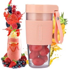 Blender portabil pentru smoothie-uri, capacitate 350ml, incarcare USB, inchidere etansa, lama din otel, roz
