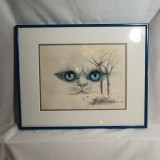 Tablou Art Deco fantezist, acuarela, pisica, vintage