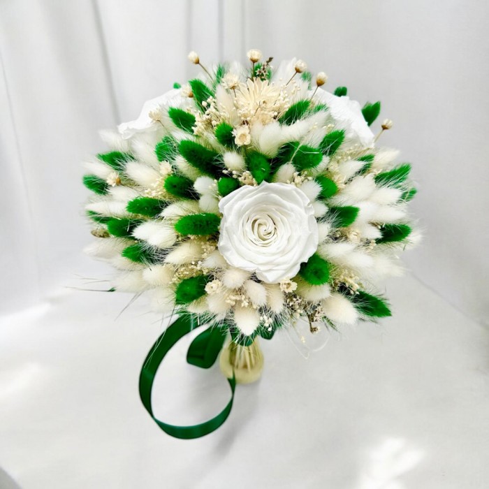 Buchet nasa sau mireasa, elegant cu trandafiri criogenati si plante naturale uscate - Culori vibrante, durabilitate exceptionala