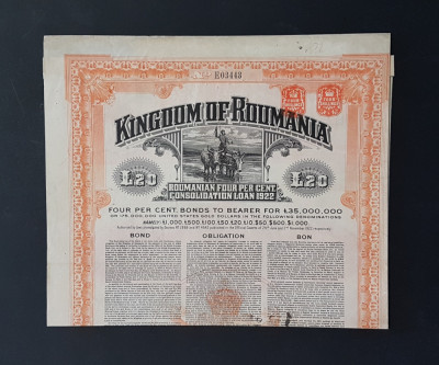 Titlu / Obligatiune 20 lire sterline din 1922 , bond , piesa de colectie foto
