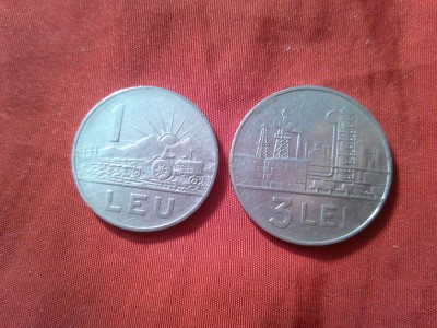 2 Monede 1 leu si 3 lei 1966 RSR , metal alb , cal. f.buna foto