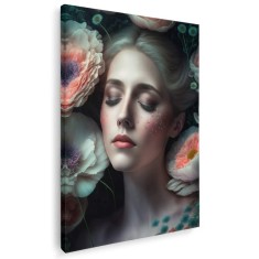 Tablou canvas femeie fantezie flori, crem, roz, mov 1077 Tablou canvas pe panza CU RAMA 20x30 cm