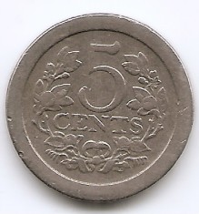 Olanda 5 Cents 1908 - Wilhelmina, Cupru-nichel, 18 mm KM-137