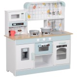 AIYAPLAY Bucătărie de Jucărie pentru Copii de 3+ Ani din Lemn, Aragaz Interactiv, Cuptor și Mașină de Cafea, Albă | Aosom Romania