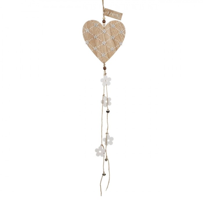 Decorațiune Suspendabilă, Model Inimă, Lemn, Flori Albe, 80 cm
