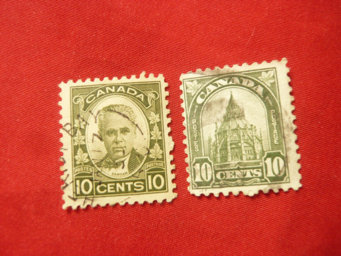 2 Timbre Canada 1930 - Personalitati - G.Cartier si cladire Parlament ,stampilat