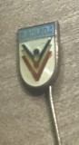 AMS2 Insignă vintage de colecție &bdquo;Daciada&rdquo;, competiție sportivă națională din Republica Socialistă Rom&acirc;nia, emailată, cu ac lung