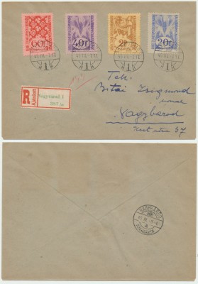 ROMANIA Ardealul de Nord 1945 plic circulat cu 4 timbre dantelate Oradea II foto