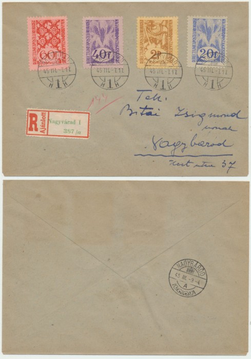 ROMANIA Ardealul de Nord 1945 plic circulat cu 4 timbre dantelate Oradea II