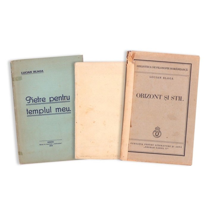 Lucian Blaga, Orizont și stil + Tulburarea apelor + Pietre pentru templul meu, cu dedicația lui Lucian Blaga și ex-librisul lui D. D. Roșca