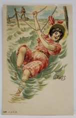TANARA IN VALURI , FACAND BAIE , CROMOLITOGRAFIE , AUTOR : GRUSS , GERMANIA , FORMAT CARTE POSTALA , CLASICA foto