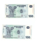 2 x Bancnota Congo 100 francs/franci 30 iunie 2013, serie consecutiva, prefix ME, aUNC
