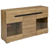 Bufet Modern cu LED pentru Living și Bucătărie, 3 Uși și 3 Sertare din PAL, Capacitate de &Icirc;ncărcare 50 kg, 140x35x80 cm, Stejar