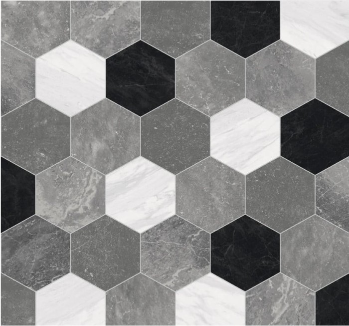 Linoleum Rezidential Antiderapant Clasa 21, Belgia, Model Pembroke 909M, Design Hexagonal, Suport Spuma, Grosime 2.3 mm, Imitatie Piatra, Alb, Gri, Ne