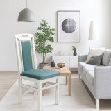 Cumpara ieftin Scaun de living si bucatarie SB Tim, din lemn masiv fag, tapiterie stofa, lacuit, 120 kg, 96x43x40 cm, Alb Turcoaz