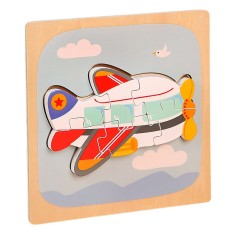 Puzzle montessori din lemn pentru copii, flippy, 3d, 0-3 ani, model avion, educativ, intuitiv, creativ, 6 piese, 15x15x0.5 cm, multicolor