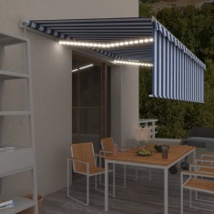 vidaXL Copertină retractabilă manual cu stor&amp;LED, albastru&amp;alb, 5x3 m