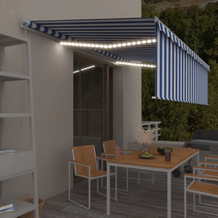 vidaXL Copertină retractabilă manual cu stor&amp;LED, albastru&amp;alb, 5x3 m