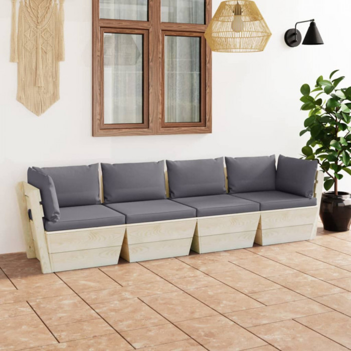 Canapea de gradina din paleti, 4 locuri, cu perne, lemn molid GartenMobel Dekor