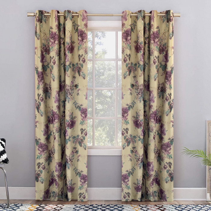 Set draperii blackout model floral cu inele negre, Madison, 250x225 cm, densitate 700 g/ml, Pastel Roses, 2 buc