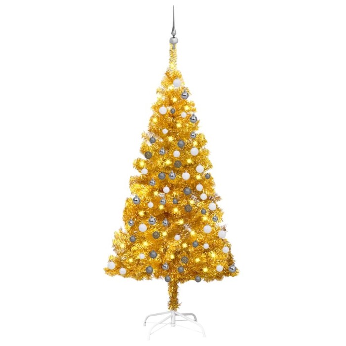 vidaXL Brad Crăciun pre-iluminat cu set globuri, auriu, 120 cm, PET 3077689