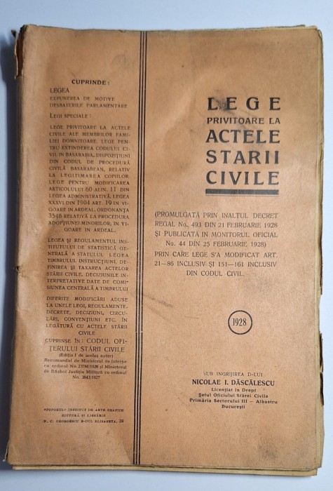Lege privitoare la actele stării civile, Nicolae I. Dăscălescu, 1928