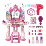 Masuta de machiaj pentru fetite, scaunel si oglinda, diverse accesorii, lumini, muzica, autocolante cu printese, sertar, roz