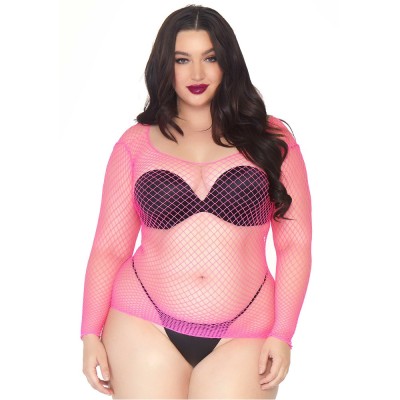 Leg Avenue Long Sleeved Industrial Net Top Neon Pink Plus Size foto