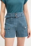 Morgan pantaloni scurți culoarea turcoaz, uni, high waist, SHITITO