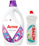 Cumpara ieftin Detergent lichid pentru rufe albe si colorate Active, 6 litri, 120 spalari + Detergent de vase lichid Active, 1 litru, cocos