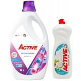 Detergent lichid pentru rufe albe si colorate Active, 6 litri, 120 spalari + Detergent de vase lichid Active, 1 litru, cocos